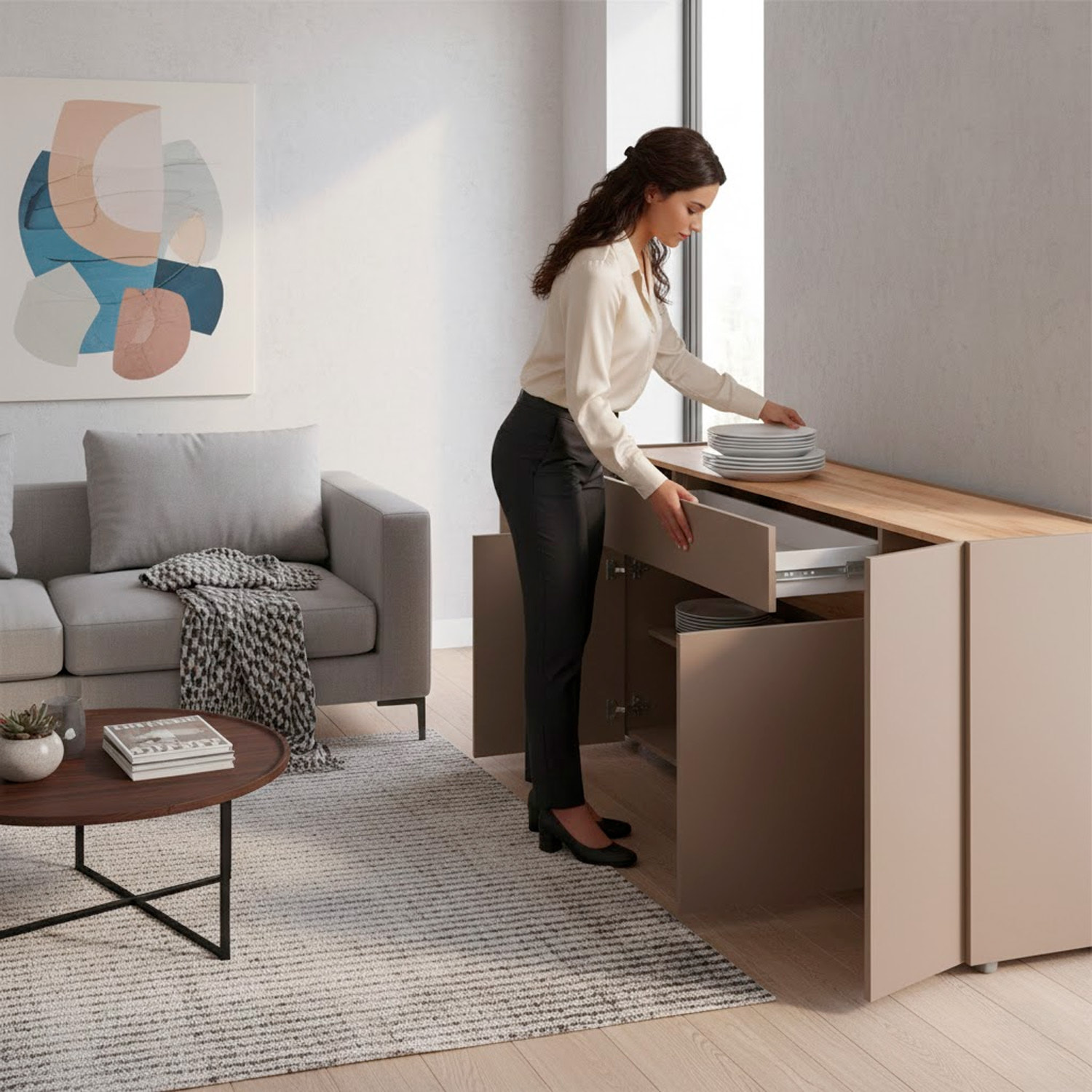 Credenza Moderna Madia Con 4 Ante E 1 Cassetto Mobile Contenitore Sala da Pranzo Soggiorno Design Senza Maniglie 170 x 85 x 40 Cm Congo E Rovere