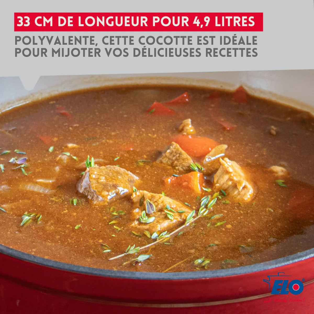 Cocotte ovale en fonte émaillée 33 cm de long rouge cerise 4,9 L Elo