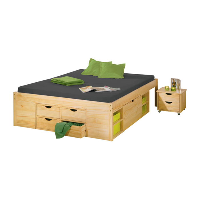 Letto con contenitore e comodino con ruote in finitura naturale massello, 186.5 x 209 x 47.5, Rovere