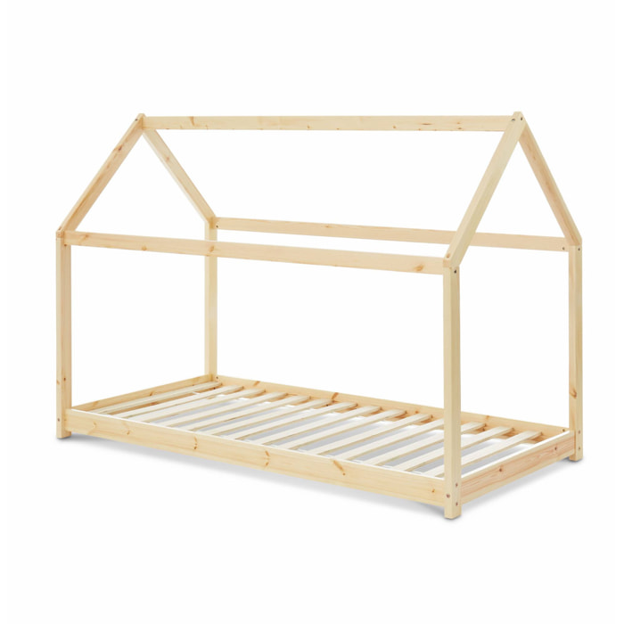 Lit cabane Montessori. bois massif en pin naturel - Tobias - sommier inclus. 90 x 190 cm