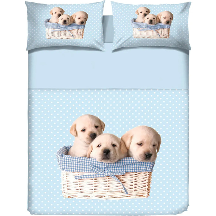 Parure Copripiumino Cagnolini 9 Azzurro in Cotone 100% Made in Italy, Stampa Digitale HD