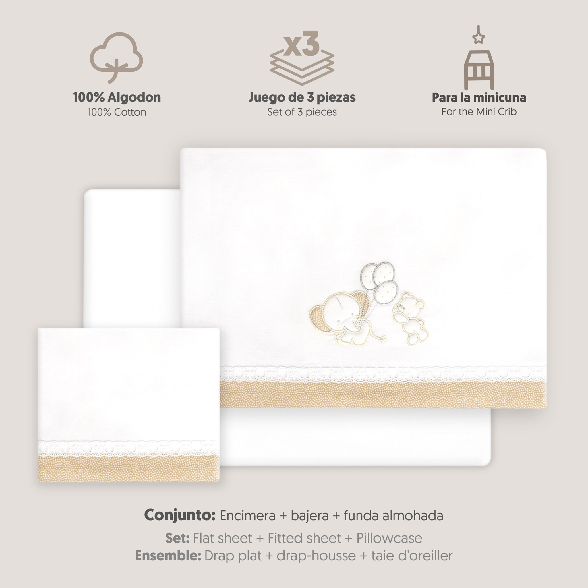 Triptico Minicuna Pasacinta Oso Elefante Globos Bco/Beig