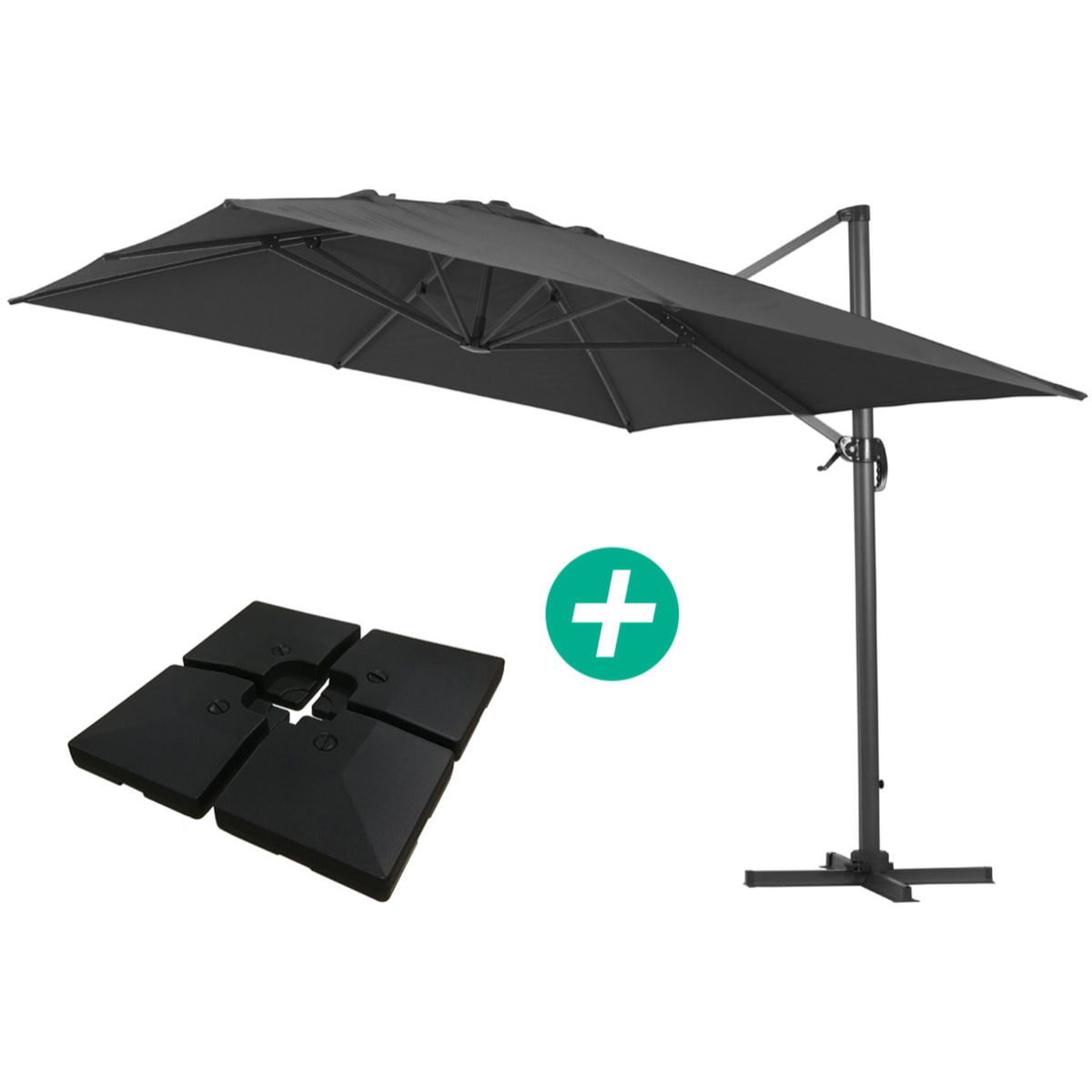 Parasol jardin déporté Alu "Sun 4 " - Rectangle - 3 x 4 m - Noir - Dalles à lester incluses