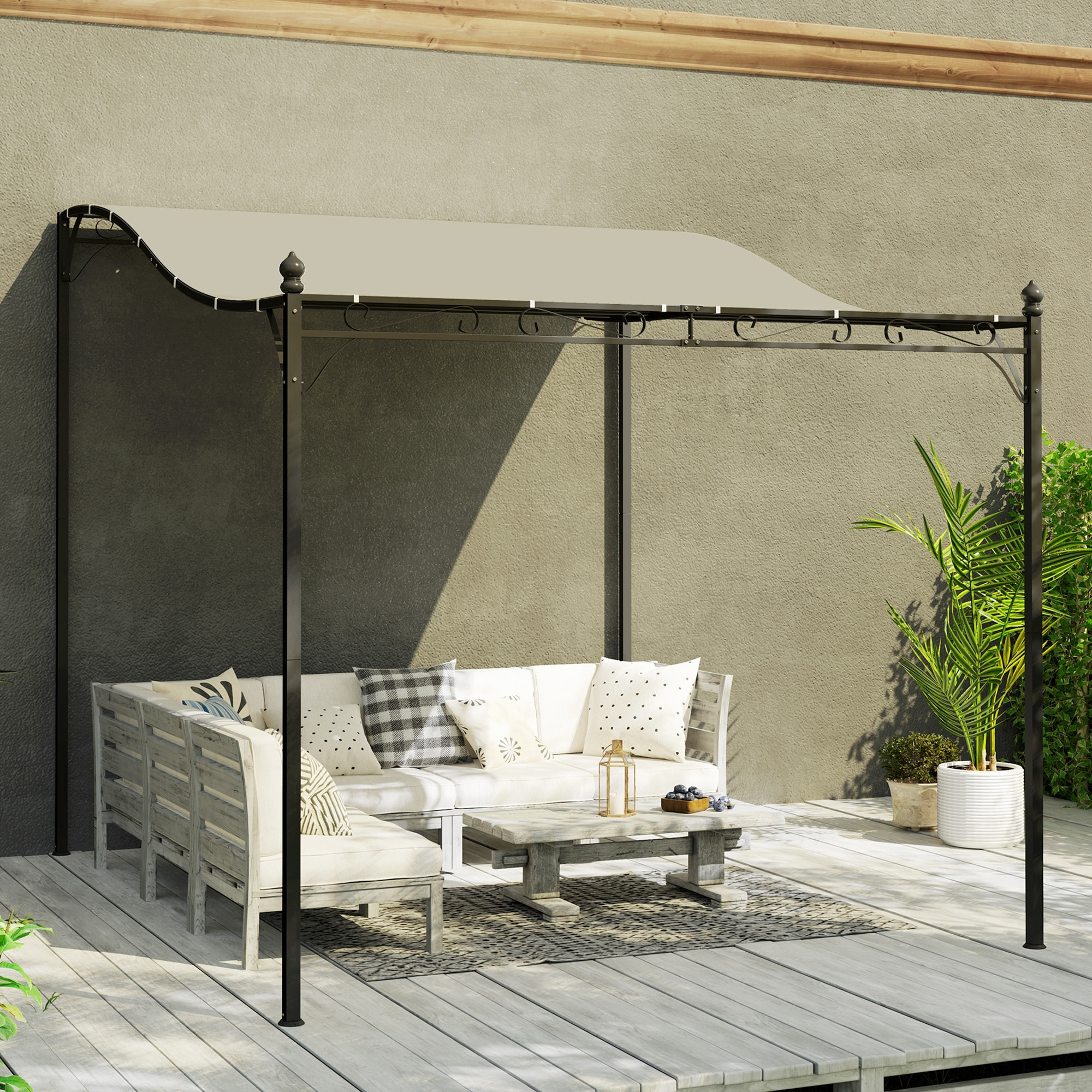 Pergola tonnelle de jardin auvent 3 x 2,5 m adossable métal noir polyester blanc cassé