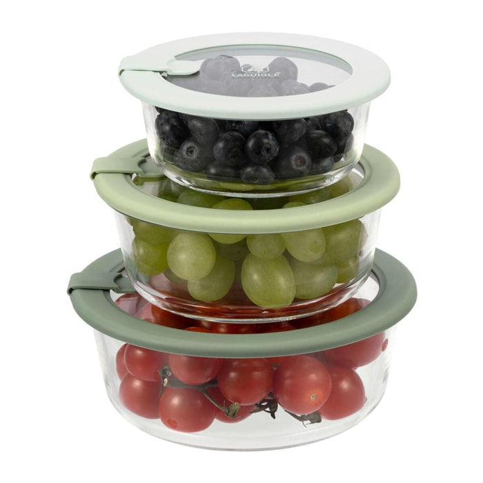 Lot de 3 boîtes en verre rondes avec couvercle 400 650 950ml