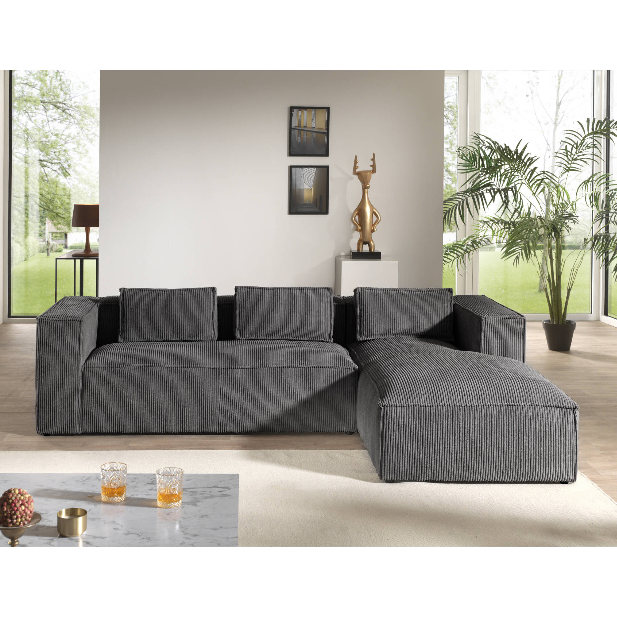 Stella - canapé d'angle droit en velours côtelé - 4 places -style contemporain - Gris foncé