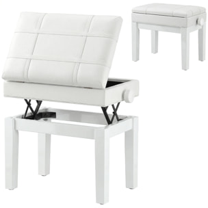 Banquette tabouret siège pour piano coffre intégré hauteur réglable bois hévéa assise revêtement synthétique blanc