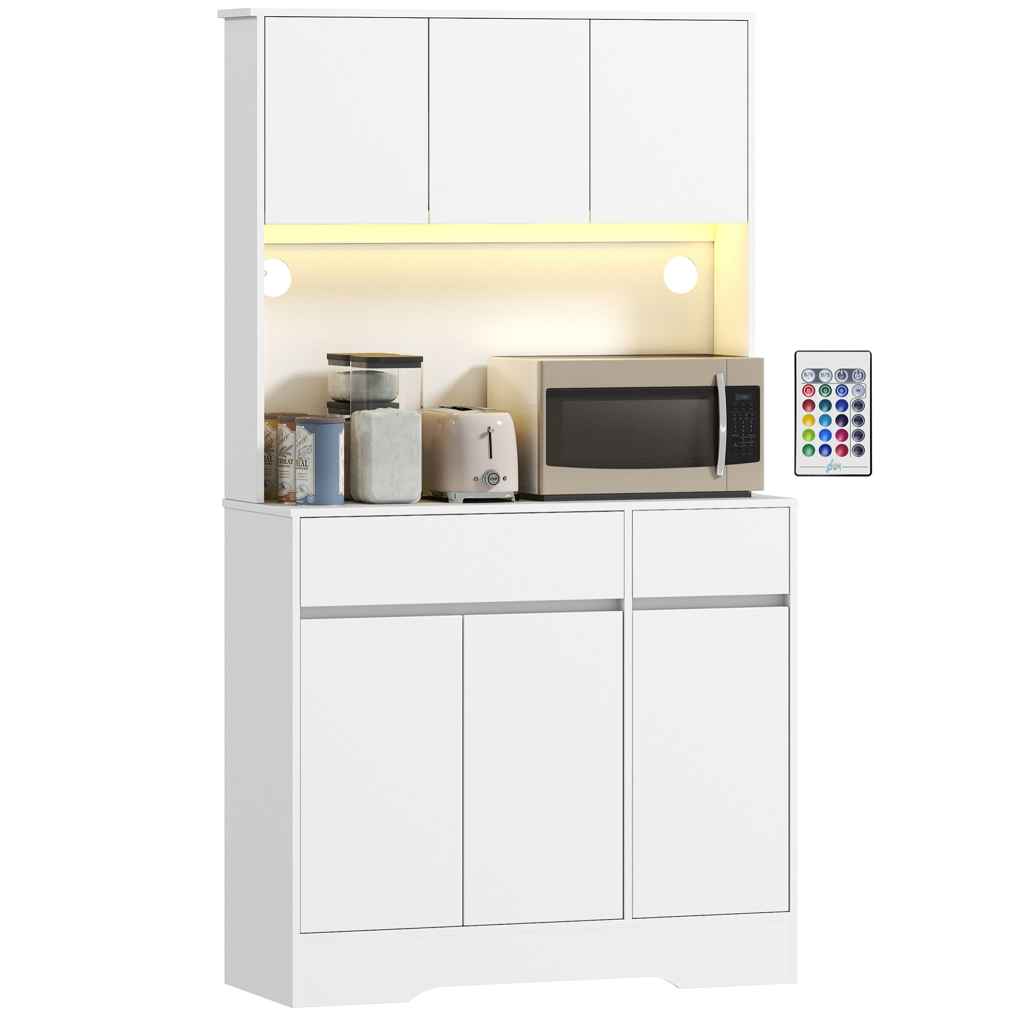 Alacena de Cocina con Luz LED RGB, Mueble de Cocina con Encimera para Microondas, 6 Puertas, 2 Cajones, Estantes Ajustables y Control Remoto, 100x38x180 cm, Blanco