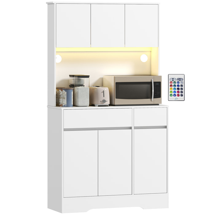 Alacena de Cocina con Luz LED RGB, Mueble de Cocina con Encimera para Microondas, 6 Puertas, 2 Cajones, Estantes Ajustables y Control Remoto, 100x38x180 cm, Blanco