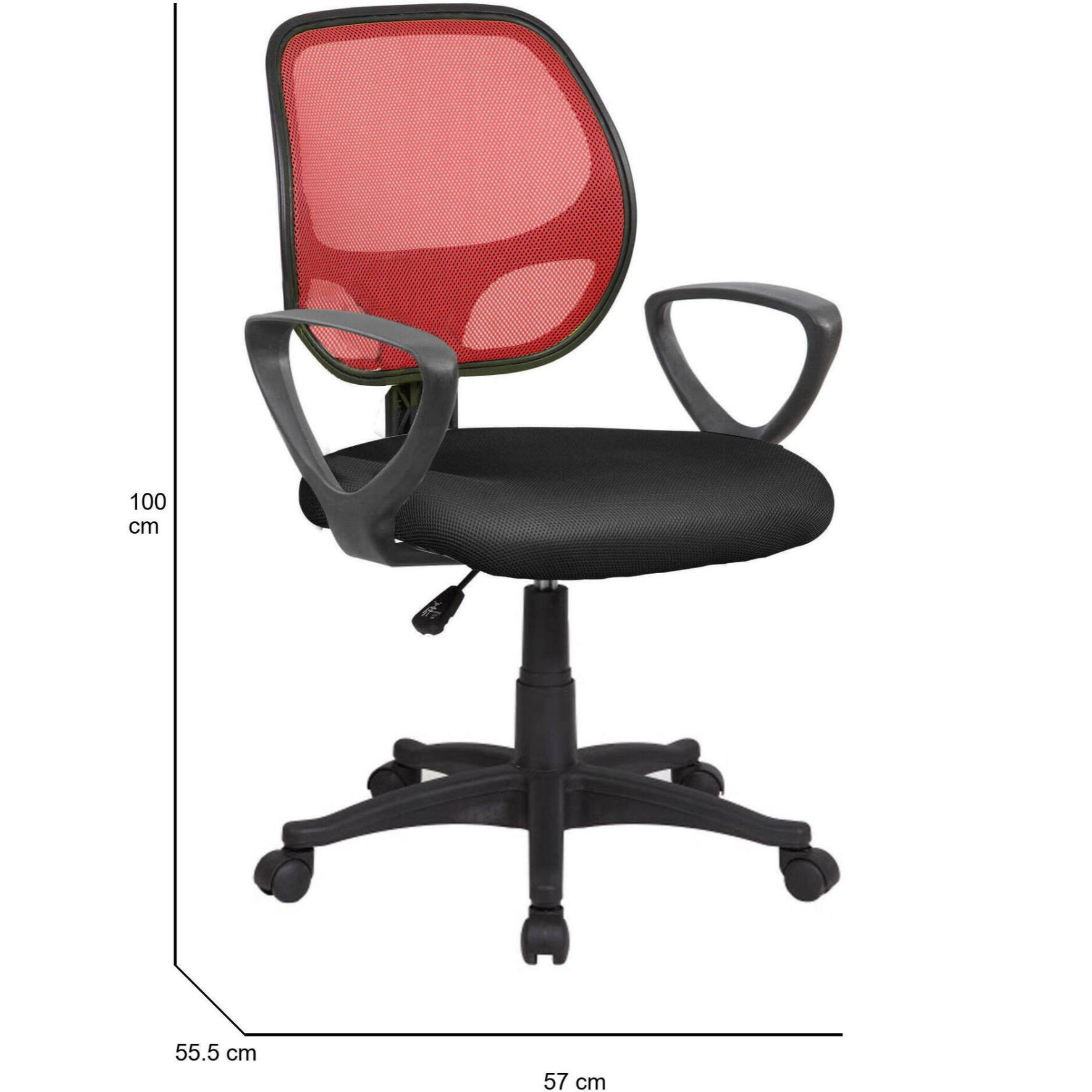 Sedia da ufficio Geraldton, Poltrona operativa a rete con braccioli, Seduta ergonomica da ufficio, 56x57h88/100 cm, Nero e Rosso