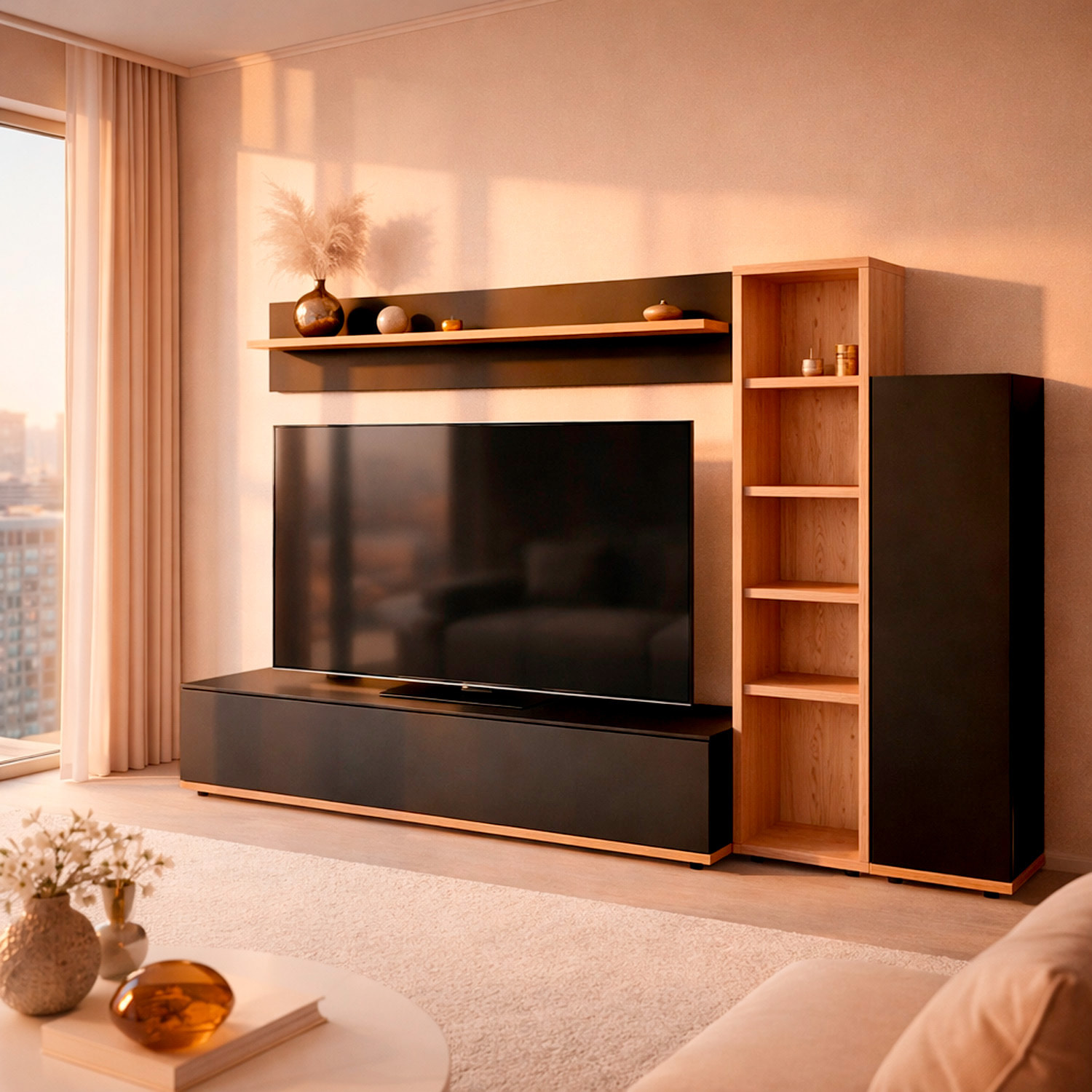 Parete Attrezzata Mobile TV Libreria Armadio Mensola Vani Multifunzione Design Contemporaneo Living Arredo Casa 240 x 40 x 127 Cm Nero E Rovere