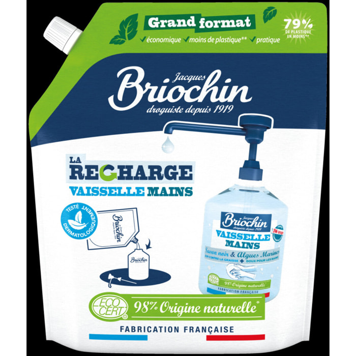 Pack de 8 - JACQUES BRIOCHIN - Recharge Liquide Vaisselle Mains Savon noir & Algues Marines Ecocert 900ml