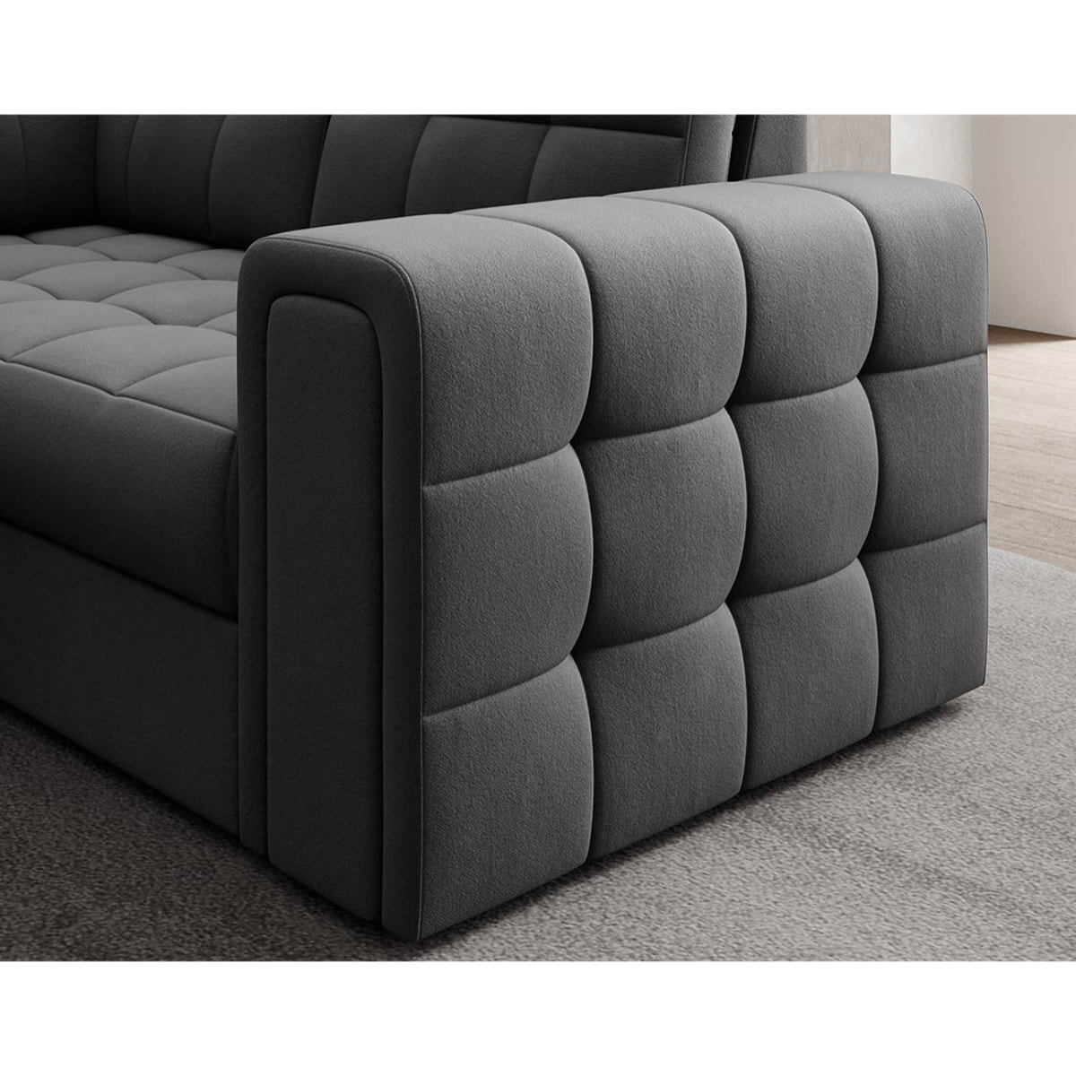 Nappa - Canapé panoramique d'angle droit 7 places convertible avec coffre en velours - Gris
