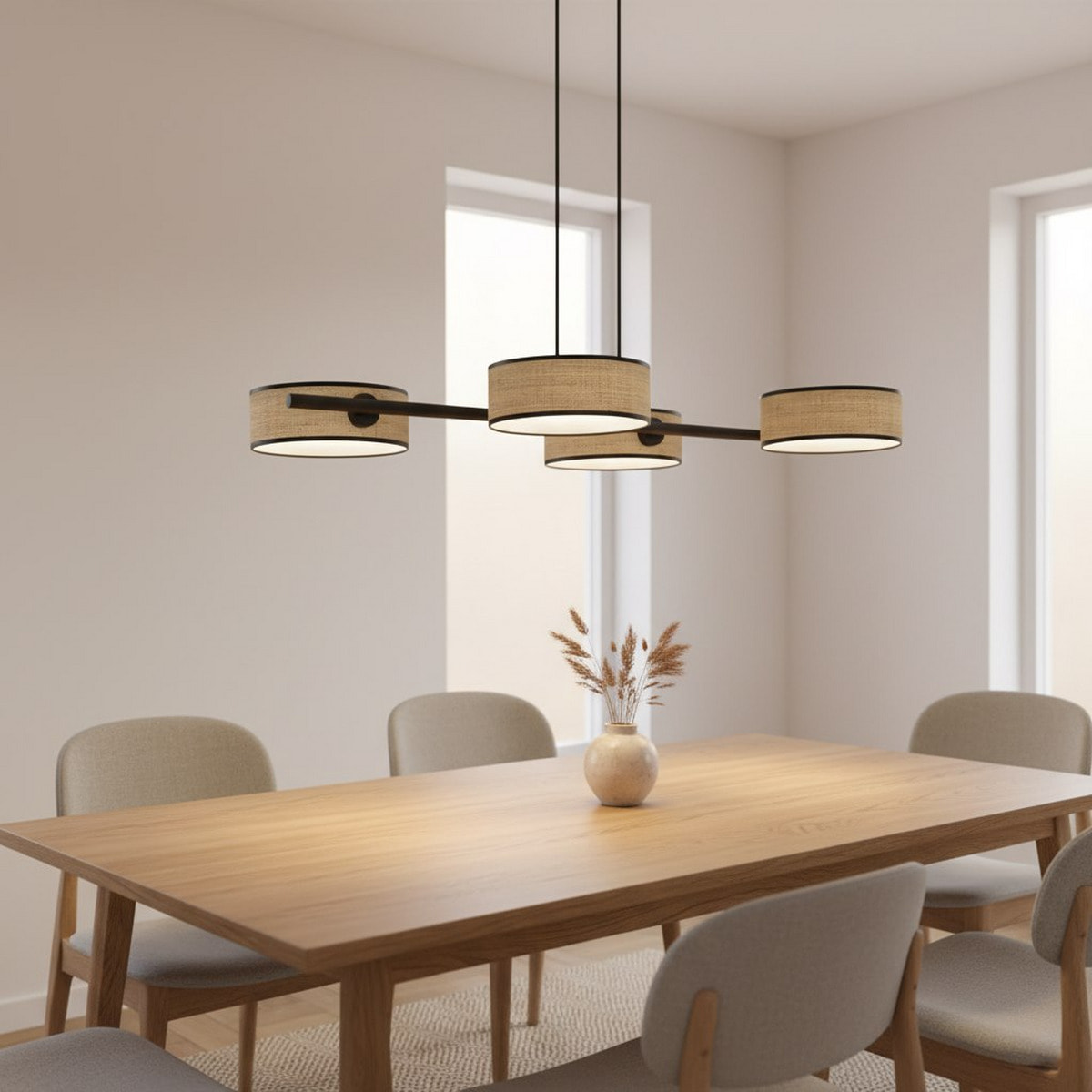 Lampada a sospensione DRUMZ in acciaio nero e rattan