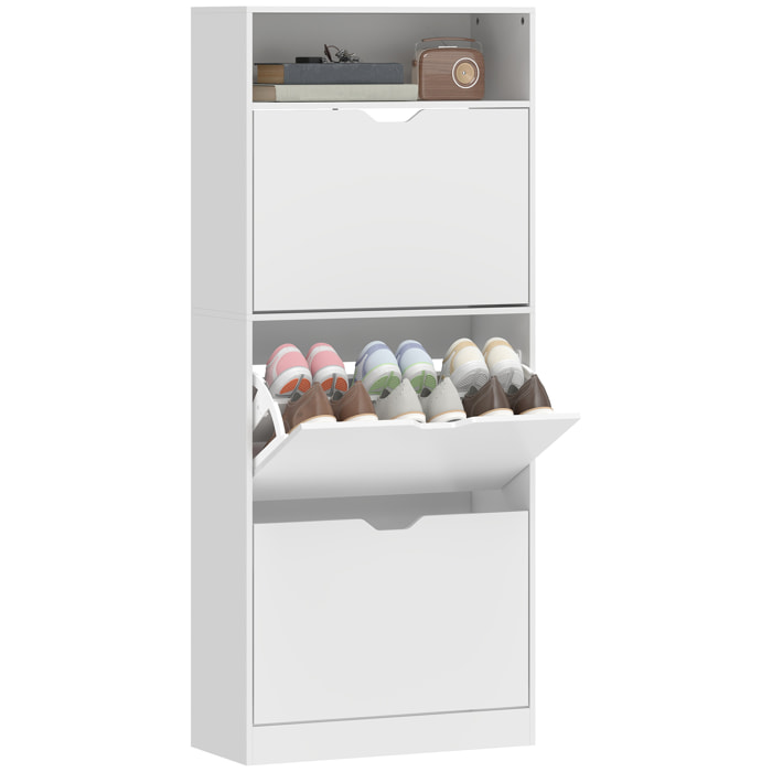 Zapatero Estrecho con 3 Cajones Abatibles, Zapatero Entrada Recibidor Alto con Estantes Ajustables y Compartimento Abierto, para 12-18 Pares de Zapatos, Blanco