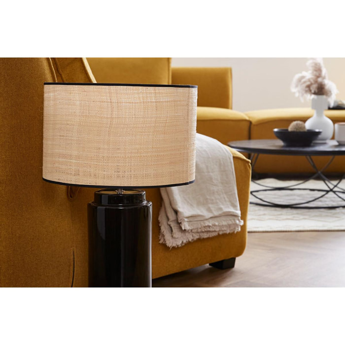 Lampe à poser en céramique émaillée noire et abat-jour en raphia naturel H64 cm MAJES