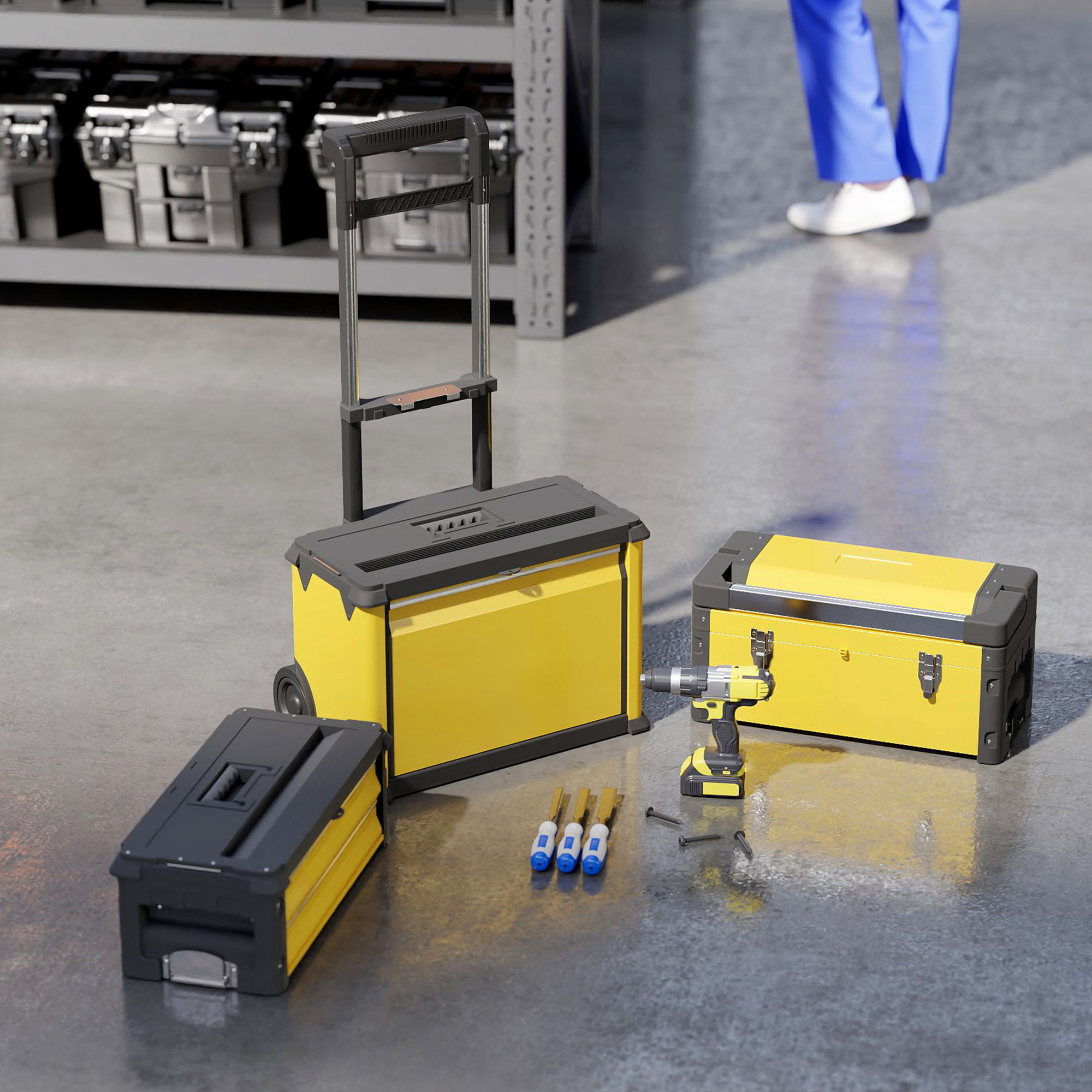 Tallar Móvil Apilable 3 en 1 Caja de Herramientas con Ruedas Carro de Herramientas de Acero con Bandeja Mango Telescópico Amarillo y Negro