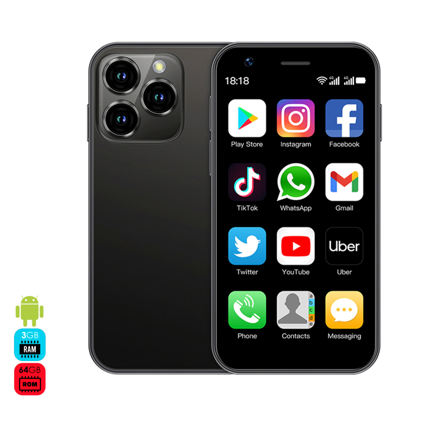 DAM Mini smartphone XS16 4G, Android, 3GB RAM + 64GB. Pantalla 3''.Doble tarjeta SIM. 4,5x1,2x10,2 Cm. Color: Negro