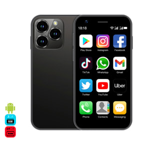 DAM Mini smartphone XS16 4G, Android, 3GB RAM + 64GB. Pantalla 3''.Doble tarjeta SIM. 4,5x1,2x10,2 Cm. Color: Negro