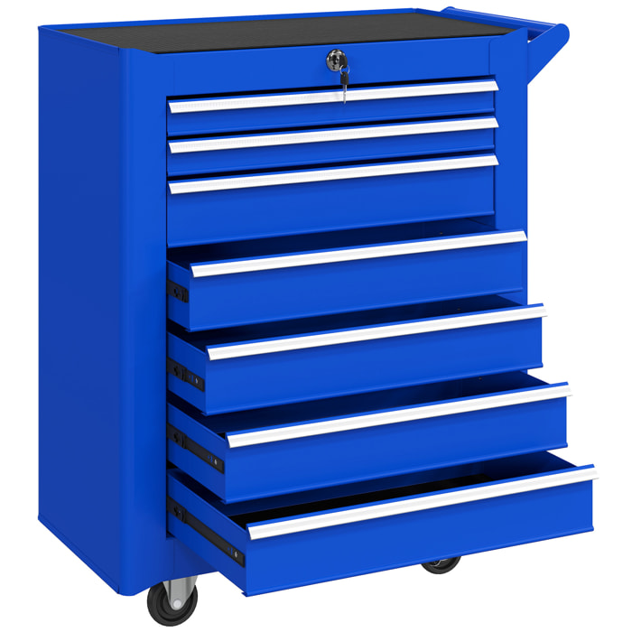 Carro de Herramientas con 7 Cajones, Carro de Taller con Cerradura, Asa, 2 Ruedas con Freno de Bloqueo, para Garaje, Hogar, Azul