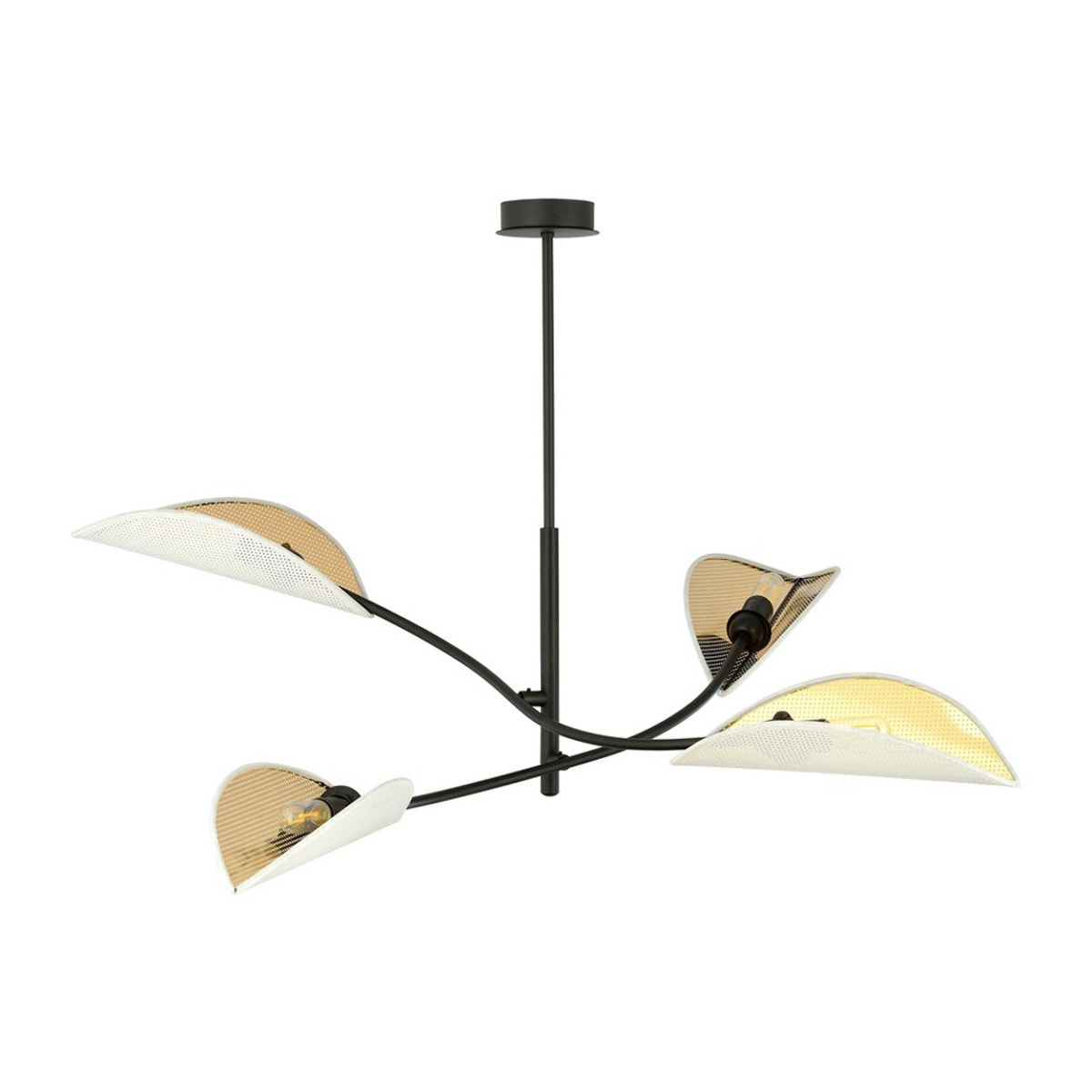 Lampada a sospensione Lotus in acciaio nero e paralumi bianco e oro