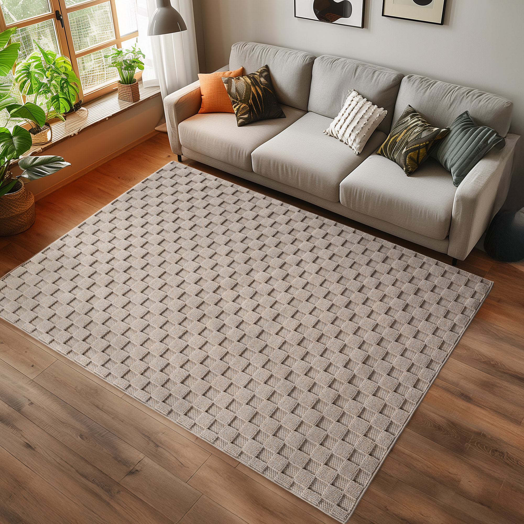 HELIX - Tapis moderne effet laine bouclé à motif damier en relief beige