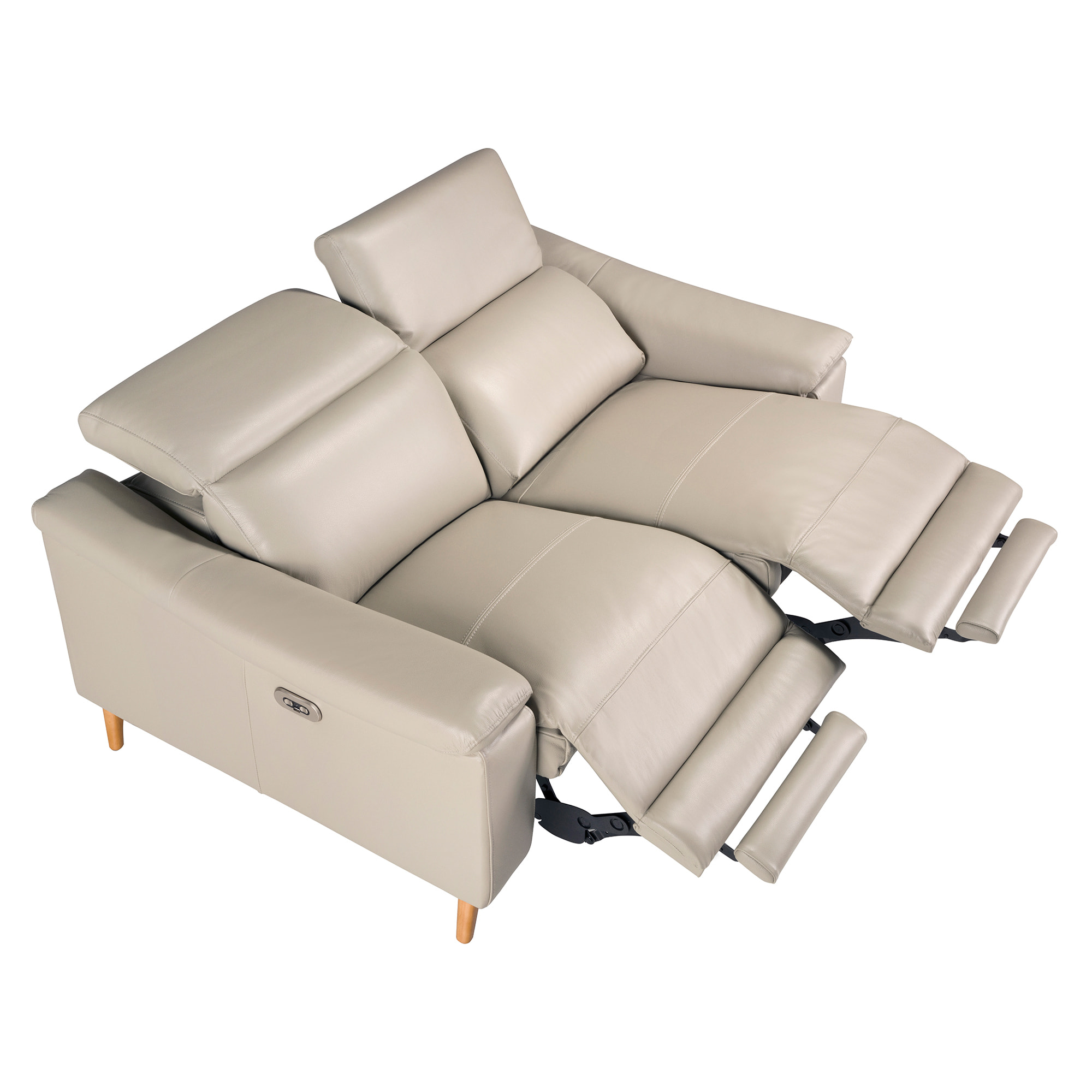 Sofá relax de 2 plazas tapizado en piel de origen vacuno en gris taupe con reposacabezas patas de madera en miel 2 sistemas de relax eléctrico 160x104x102cm