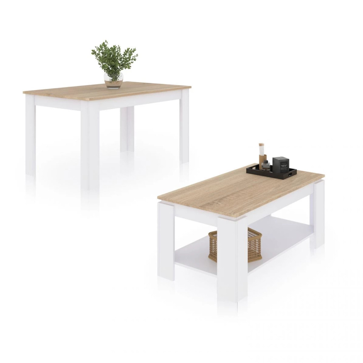 Pack mesa de comedor 140 y mesa de centro Lya Blanco Artik (Blanco Mate) - Roble Canadian