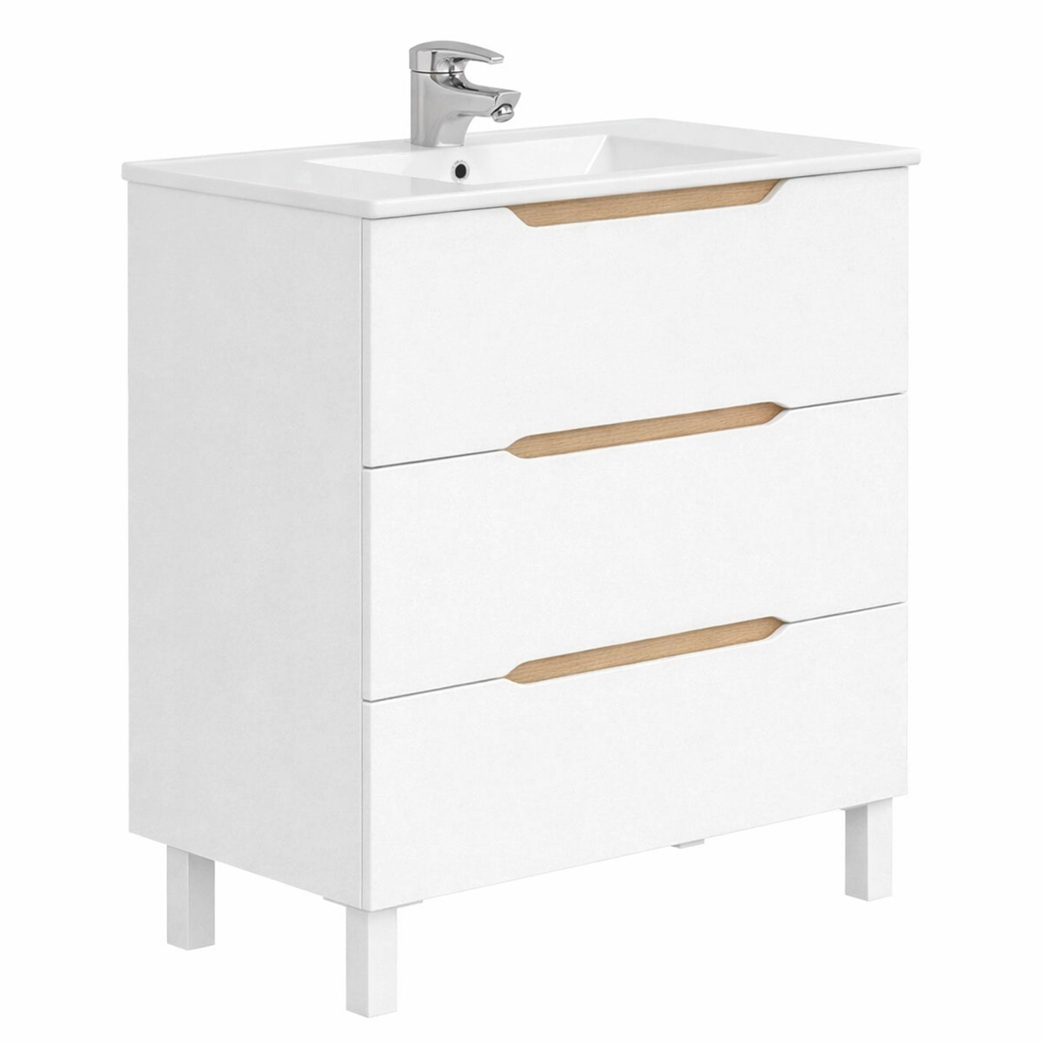Mobile Bagno A Terra Con 3 Cassettoni Soft Close E Lavabo In Ceramica Incluso Mobiletto Design Moderno Salvaspazio 80 x 45 x 86 Cm Colore Bianco