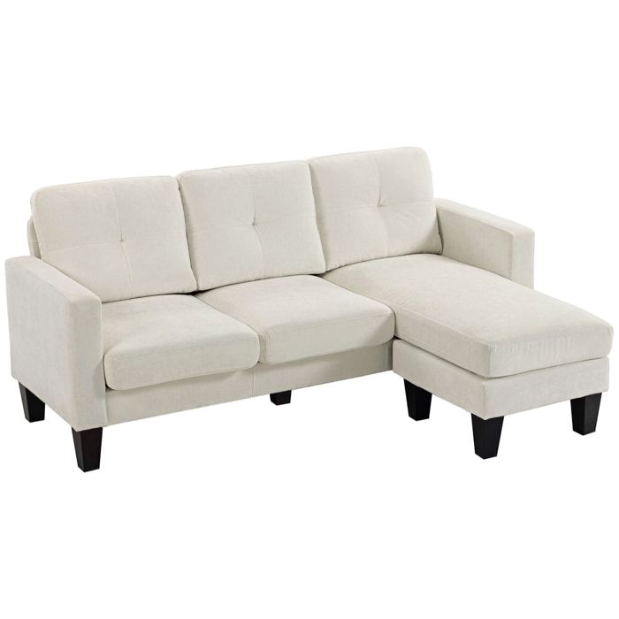 Sofá Chaise Longue Reversible, Sofá de 3 Plazas en Forma de L, Tapizado en Chenilla, Asiento y Respaldo Acolchados, Estructura de Acero, 186x130x84 cm, Blanco Crema