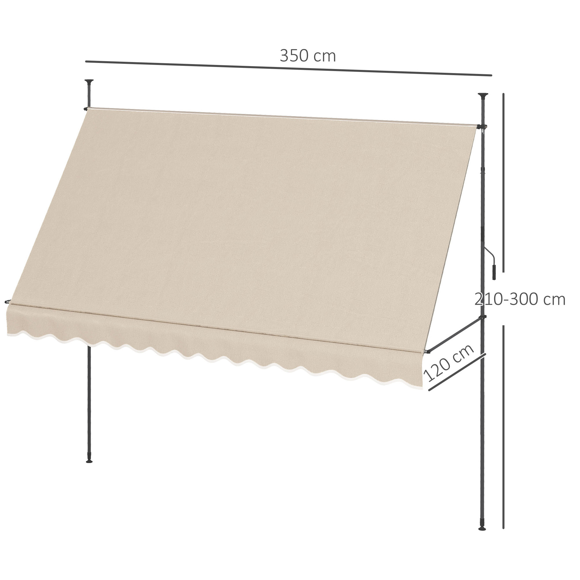 Toldo Manual Retráctil 3,5x1,2 m Toldo Exterior Terraza Enrollable Altura Ajustable con Manivela 210-300 cm Sin Taladro Protección UV30+ para Balcón Jardín Arena