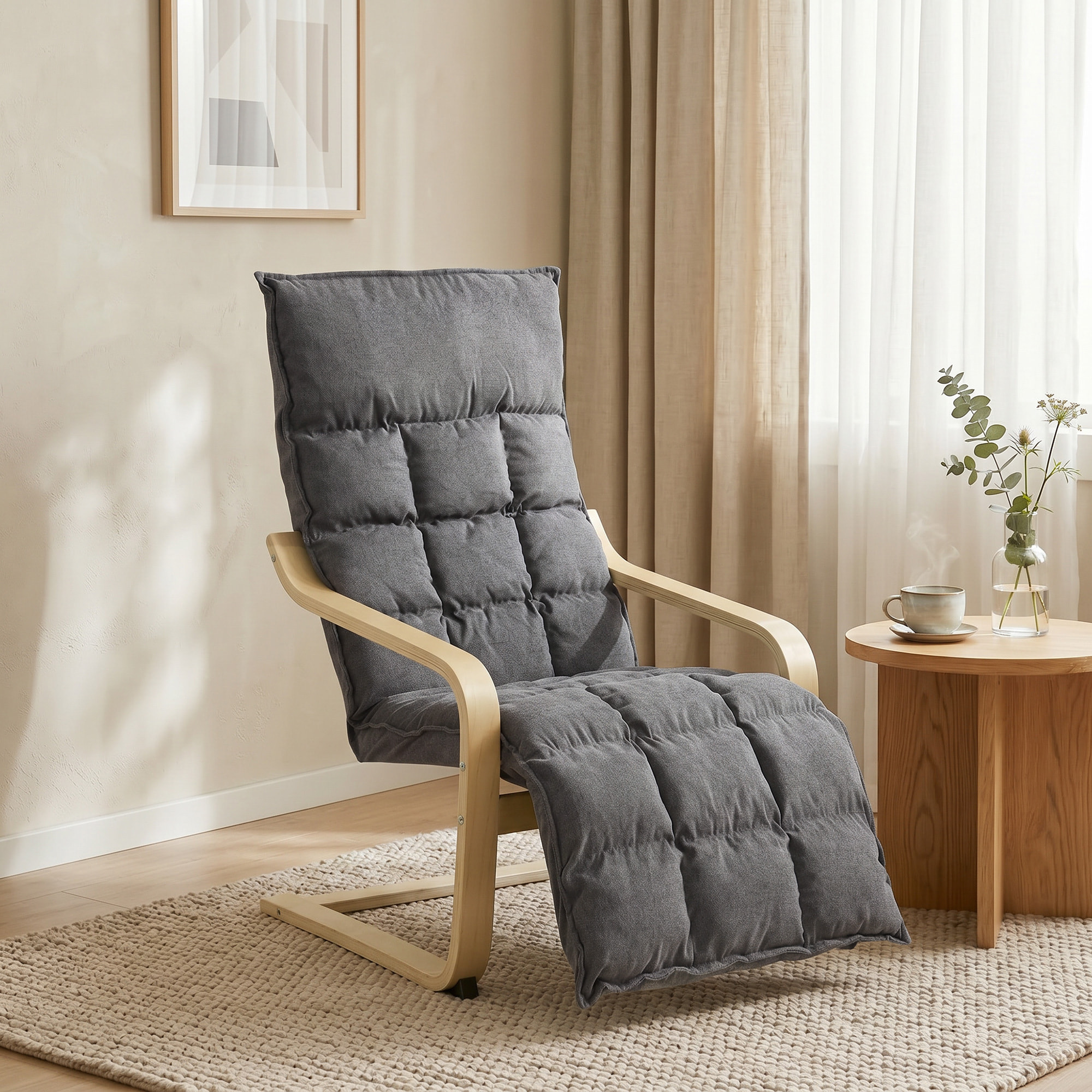 Sillón de Salón con Reposapiés, Butaca de Salón Tapizada en Lino con Balanceo Suave, Respaldo Alto, Asiento Amplio, Sillón de Relax para Dormitorio, Oficina, Estudio, Gris