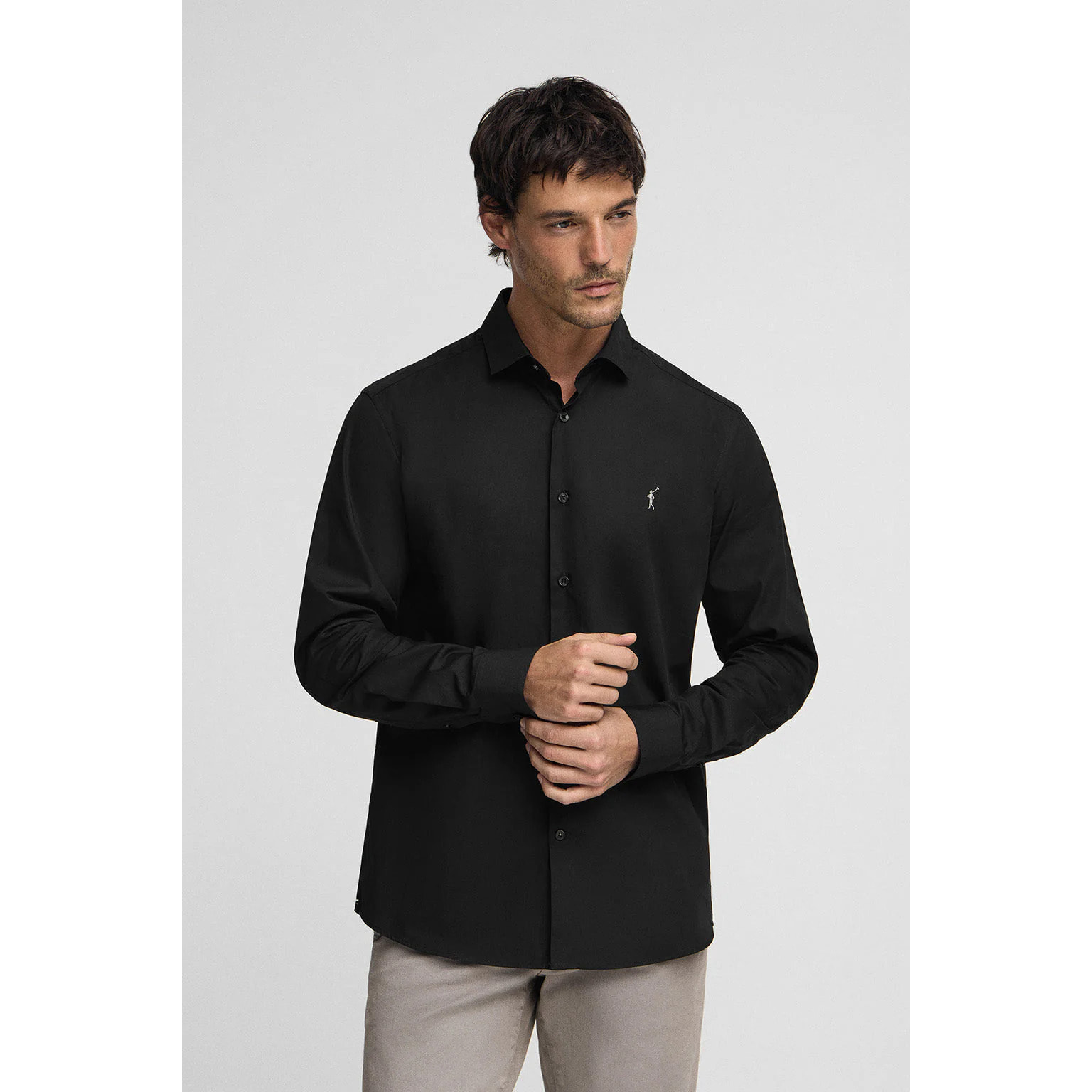 Camicia nera in popeline slim fit con logo Rigby Go