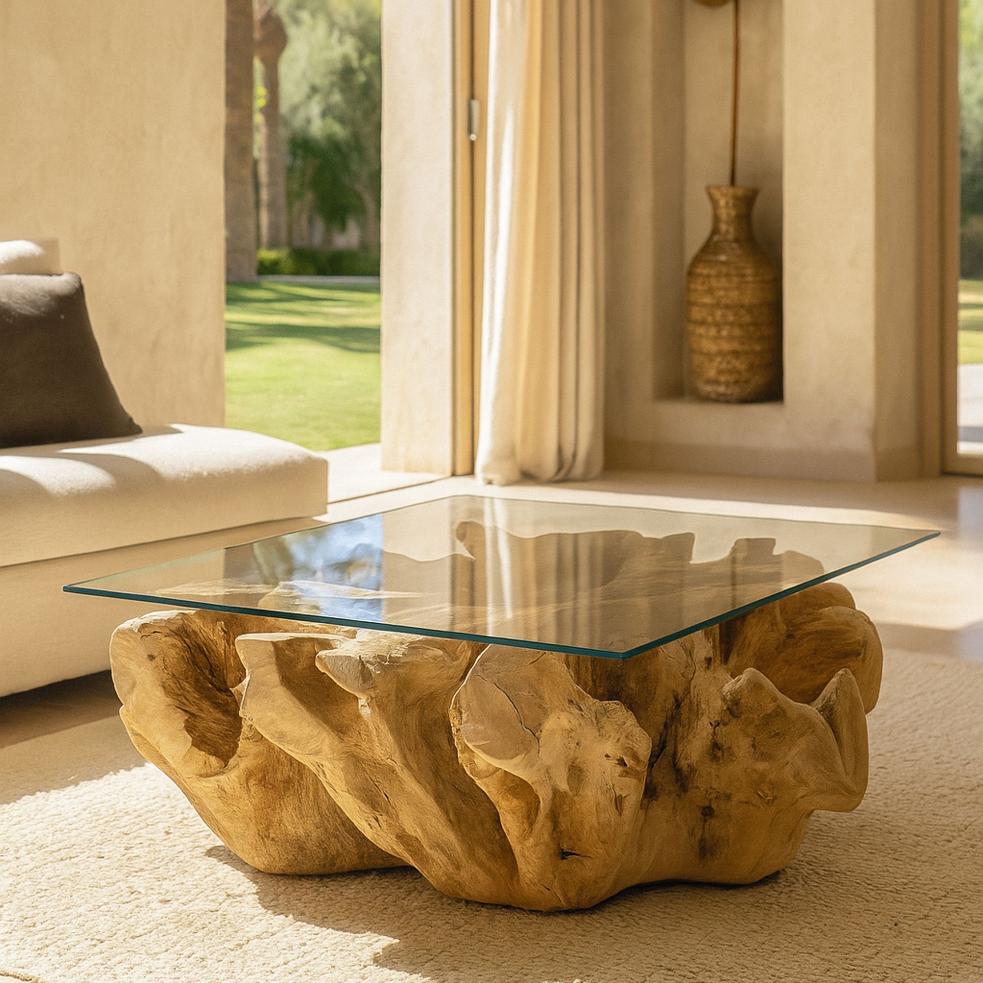 Table basse en racine de teck et plateau en verre 105cm