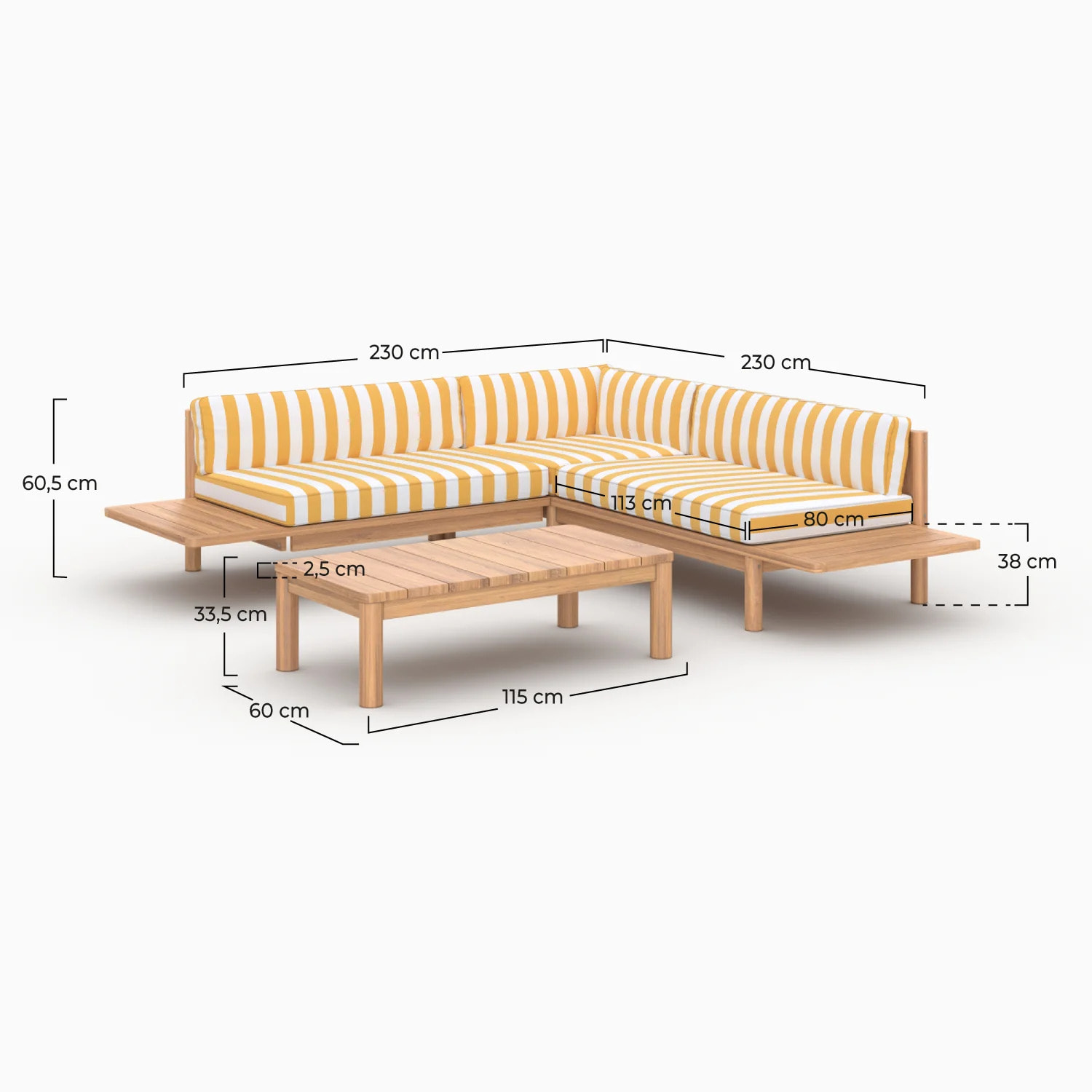 Salon de jardin 4 personnes en teck massif et tissu rayé jaune - Nadila