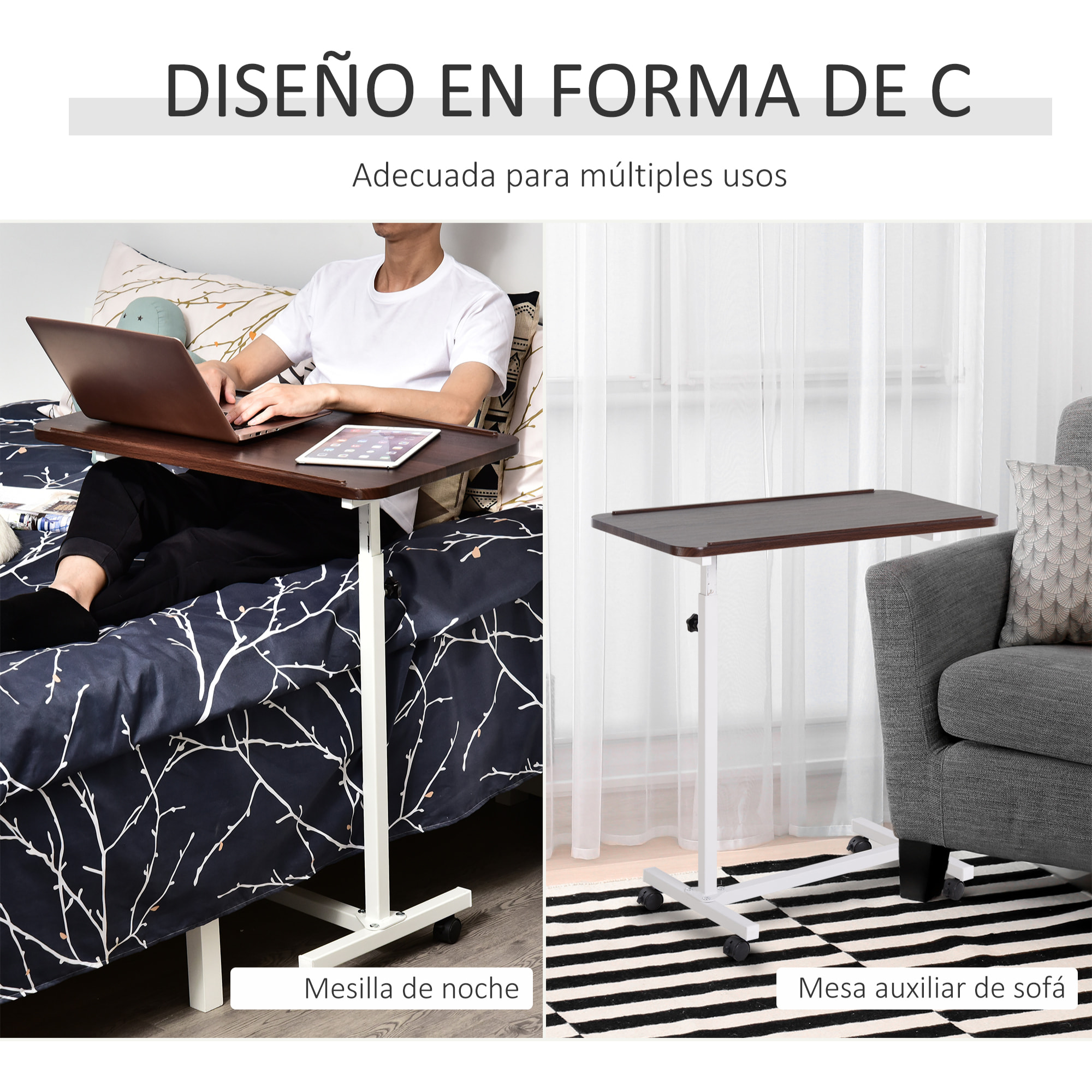 Mesa Auxiliar con Ruedas, Mesa para Sofá y Cama, Altura Ajustable y Marco de Acero, para Dormitorio, Salón, Oficina, 77x40x76-100 cm, Nogal Oscuro y Blanco