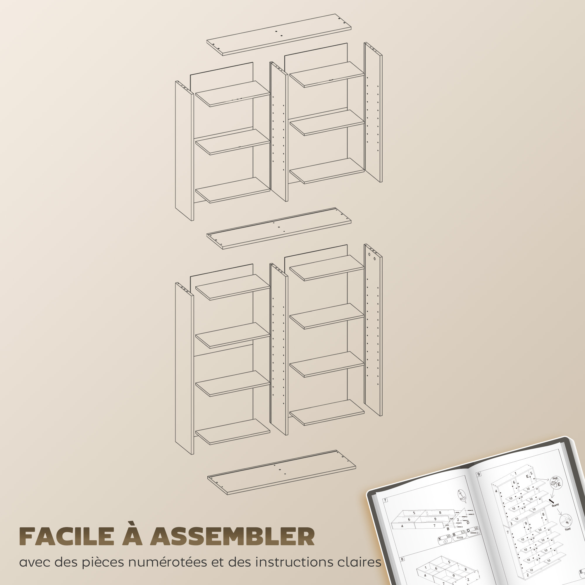 Étagère pour CD et DVD - 18 compartiments, 14 étagères réglables - 78,5x24x175cm - naturel