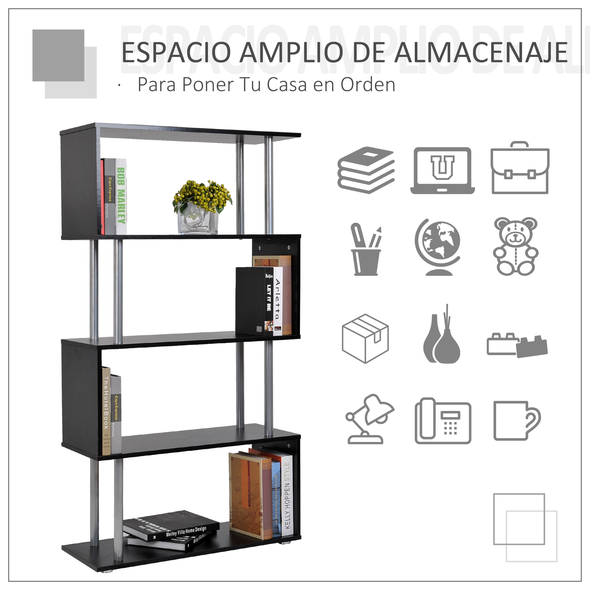 Libreria 145x80x30 cm Madera y Metal Muebles Oficina Estanteria Estante Negro