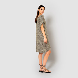 Vestido corto bambula detalles plisados lira beige/negro