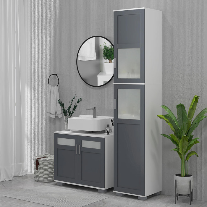 Mueble para Debajo del Lavabo Armario de Baño Bajo Lavabo con 2 Puertas de Vidrio Templado y Estante Ajustable 69x35x59 cm Blanco y Gris