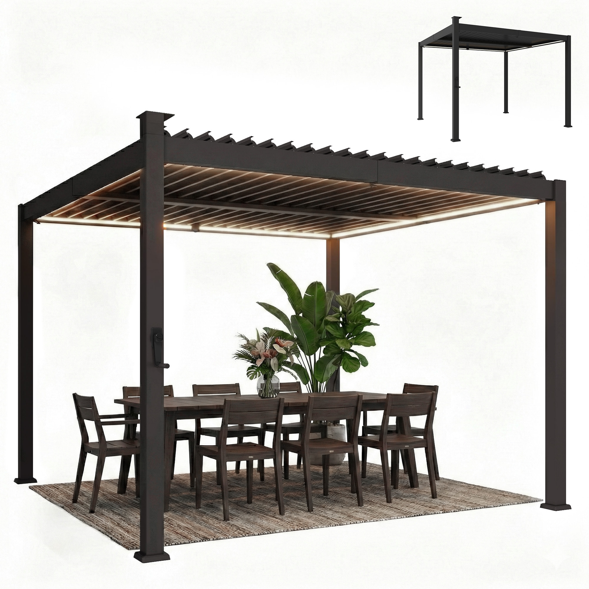 Pergola bioclimatique lames orientables éclairage LED solaire métal noir