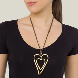 Collar piel marrón doble corazón dorado largo 90cm