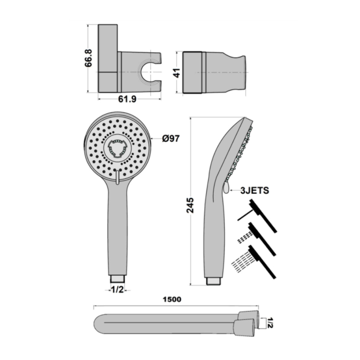 Pommeau de douche + support + flexible PAINI Ruby Rond Noir Mat