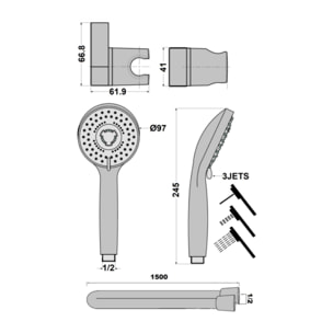 Pommeau de douche + support + flexible PAINI Ruby Rond Noir Mat