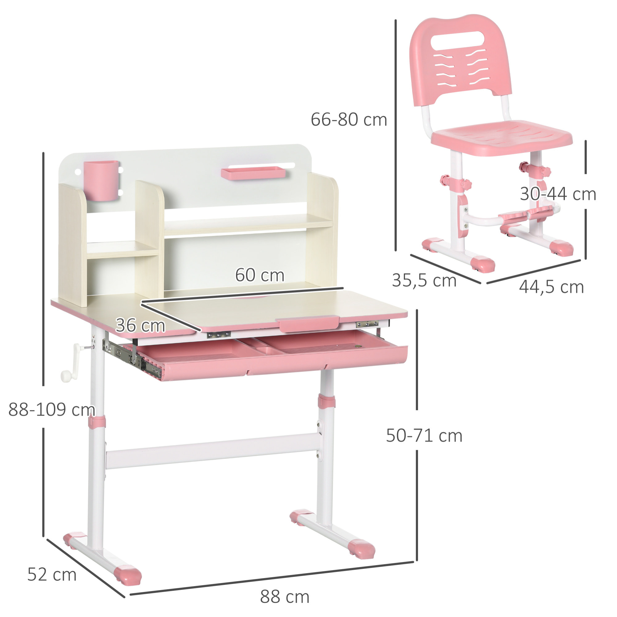 Juego de Escritorio y Silla para Niños de +3 Años con Altura Ajustable Pupitre Infantil con Tablero de Mesa Inclinable Cajón y Estantería para libros 80x52x88-109 cm y 35,5x44,5x66-80 cm Rosa