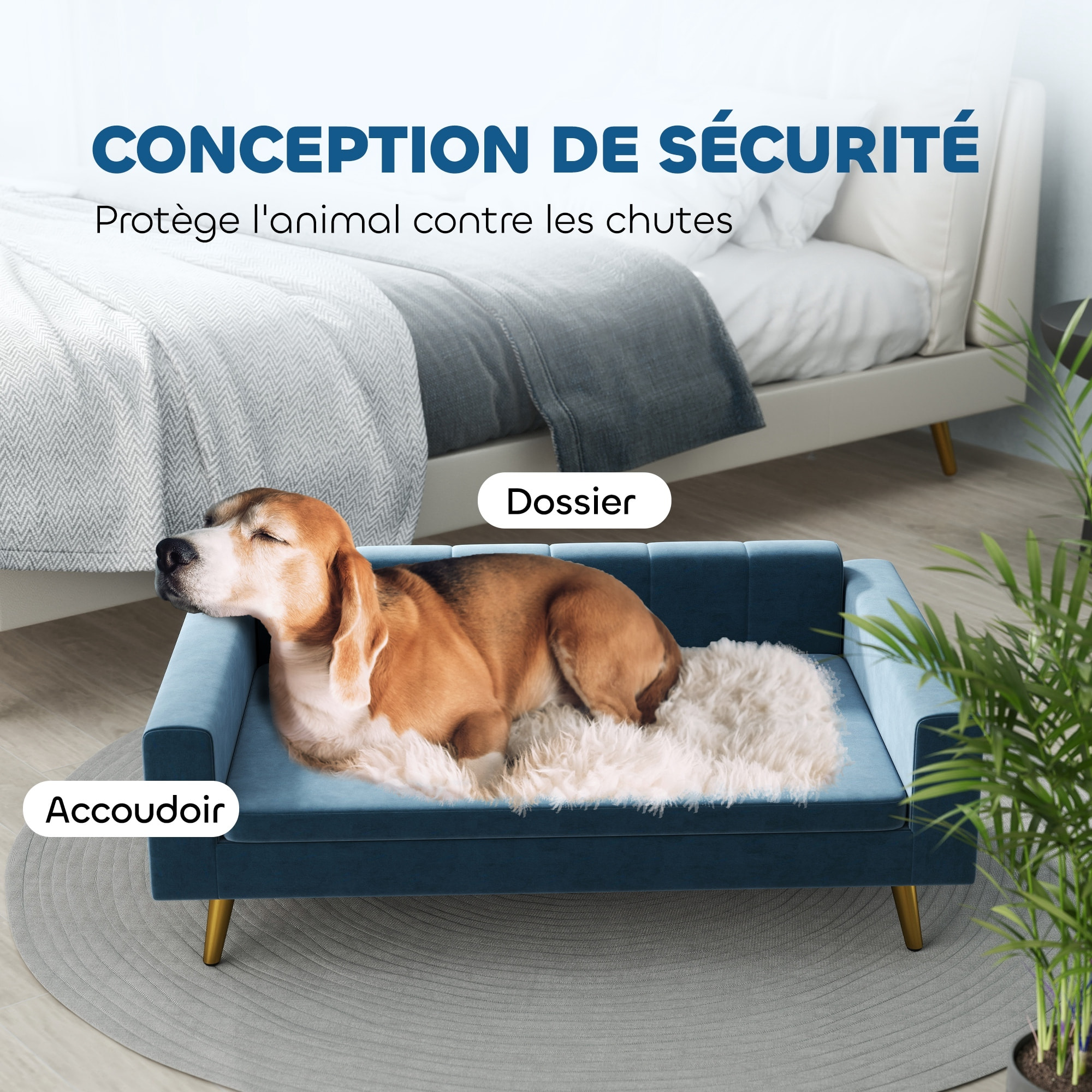 Canapé chien style art déco - dim. 94L x 59l x 31H cm - coussin amovible déhoussable - acier doré velours bleu