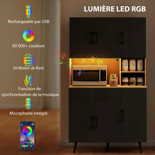 Buffet haut armoire cuisine design LED réglable avec fonction synchronisation musicale noir effet bois clair