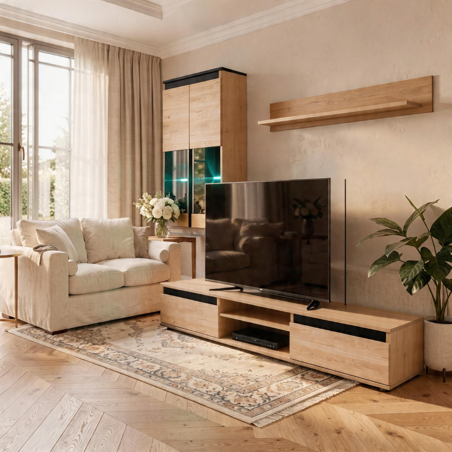 Parete Attrezzata Soggiorno Mobile Tv Vetrine Led Mensola Moderno Living Arredo Contenitore Vani Giorno Resistente 175x150x37 Cm Rovere Chiaro E Nero