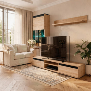 Parete Attrezzata Soggiorno Mobile Tv Vetrine Led Mensola Moderno Living Arredo Contenitore Vani Giorno Resistente 175x150x37 Cm Rovere Chiaro E Nero