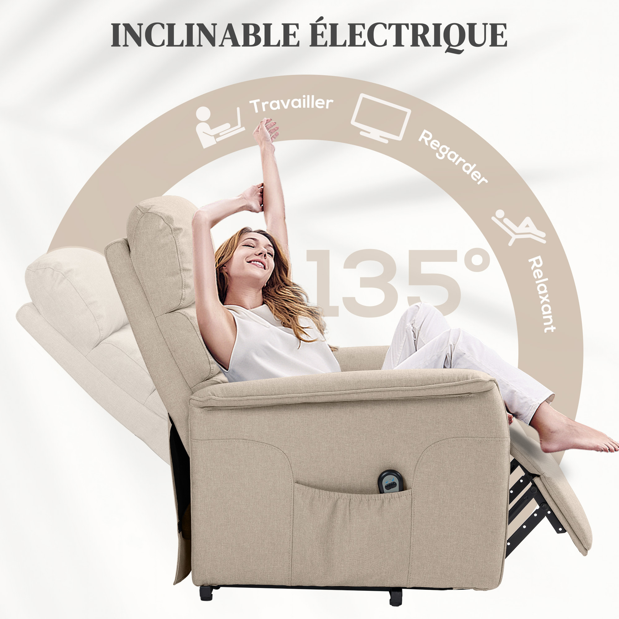 Fauteuil releveur inclinable massant chauffant - 2 télécommandes, roulettes, pochette - tissu beige chiné